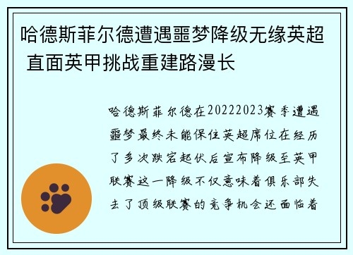 哈德斯菲尔德遭遇噩梦降级无缘英超 直面英甲挑战重建路漫长