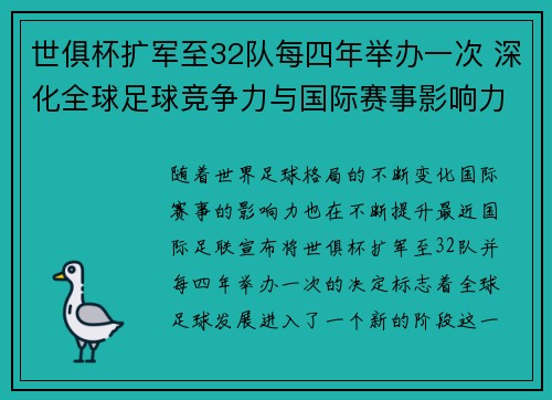 世俱杯扩军至32队每四年举办一次 深化全球足球竞争力与国际赛事影响力 世俱杯扩军至32队每四年举办一次 深化全球足球竞争力与国际赛事影响力